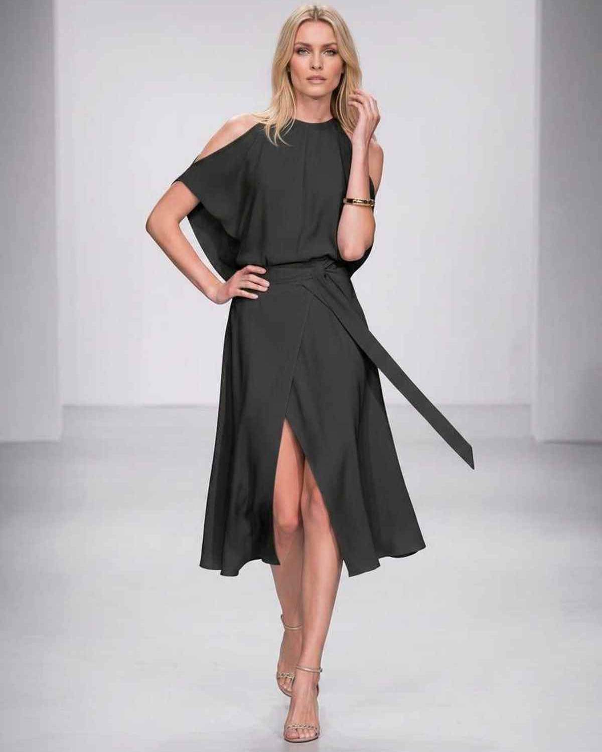 Seralyn Midi Dress by Lauven — halter sleeveless wrap midi dress with tie waist and front slit