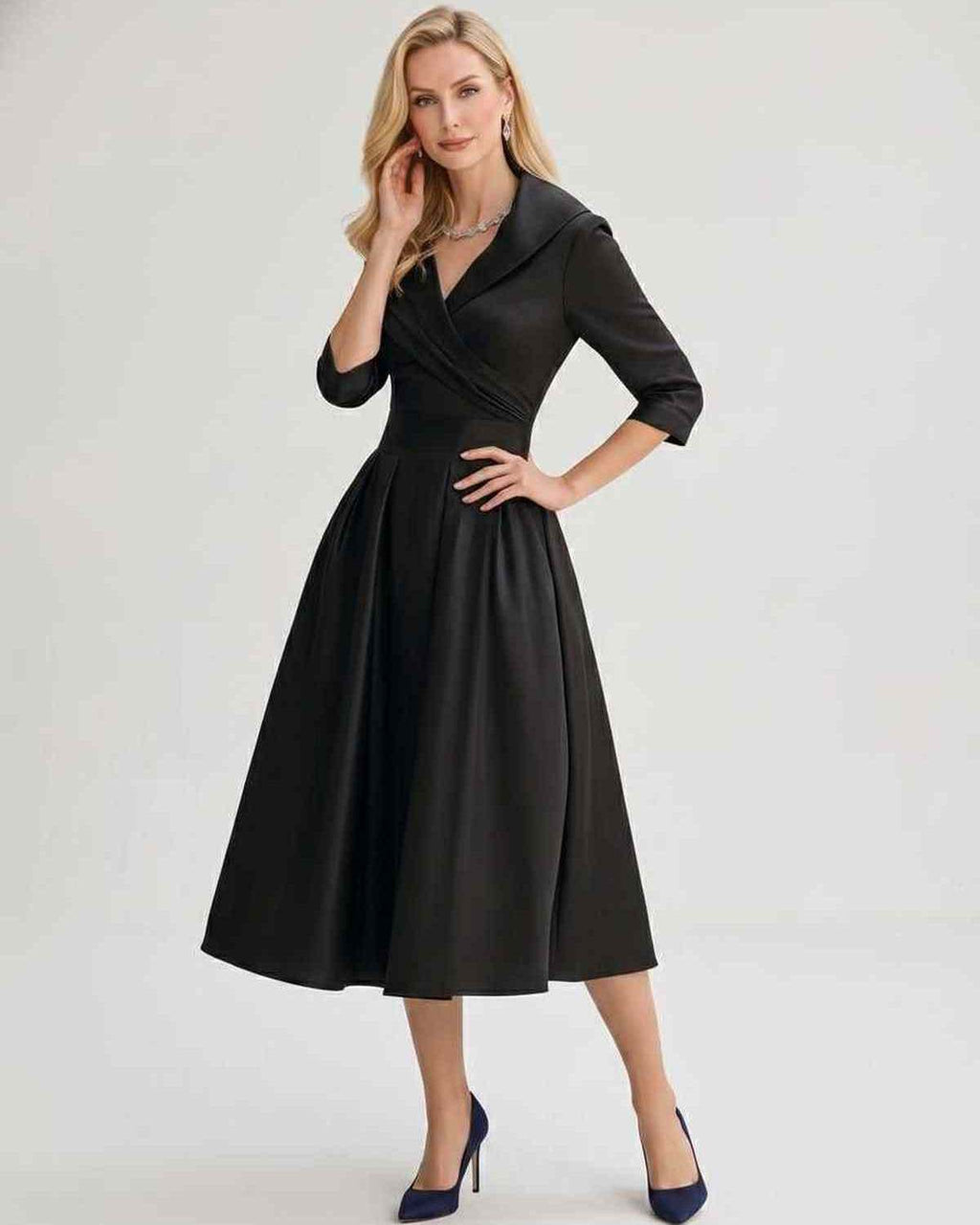 Serelune Midi Dress by Lauven — satin blend 3/4 sleeve V-neck A-line midi dress