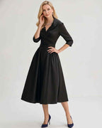 Serelune Midi Dress by Lauven — satin blend 3/4 sleeve V-neck A-line midi dress