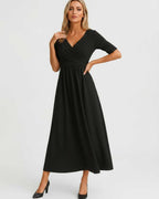 Velmira Midi Dress by Lauven — soft stretch short sleeve V-neck A-line midi dress