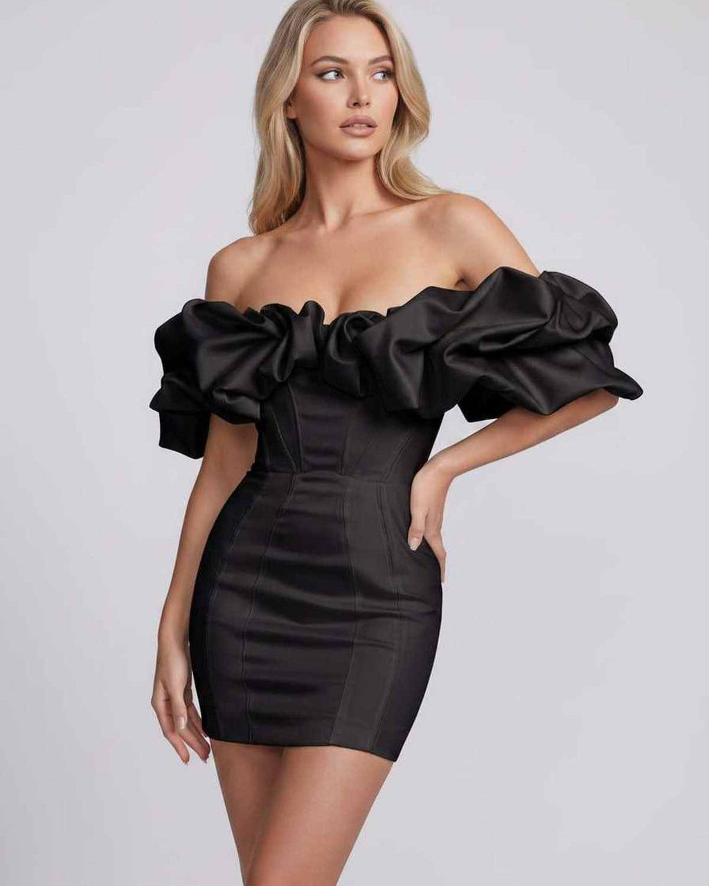 Aurelle Mini Dress by Lauven — polyester spandex flounce sleeve off-the-shoulder bodycon mini dress