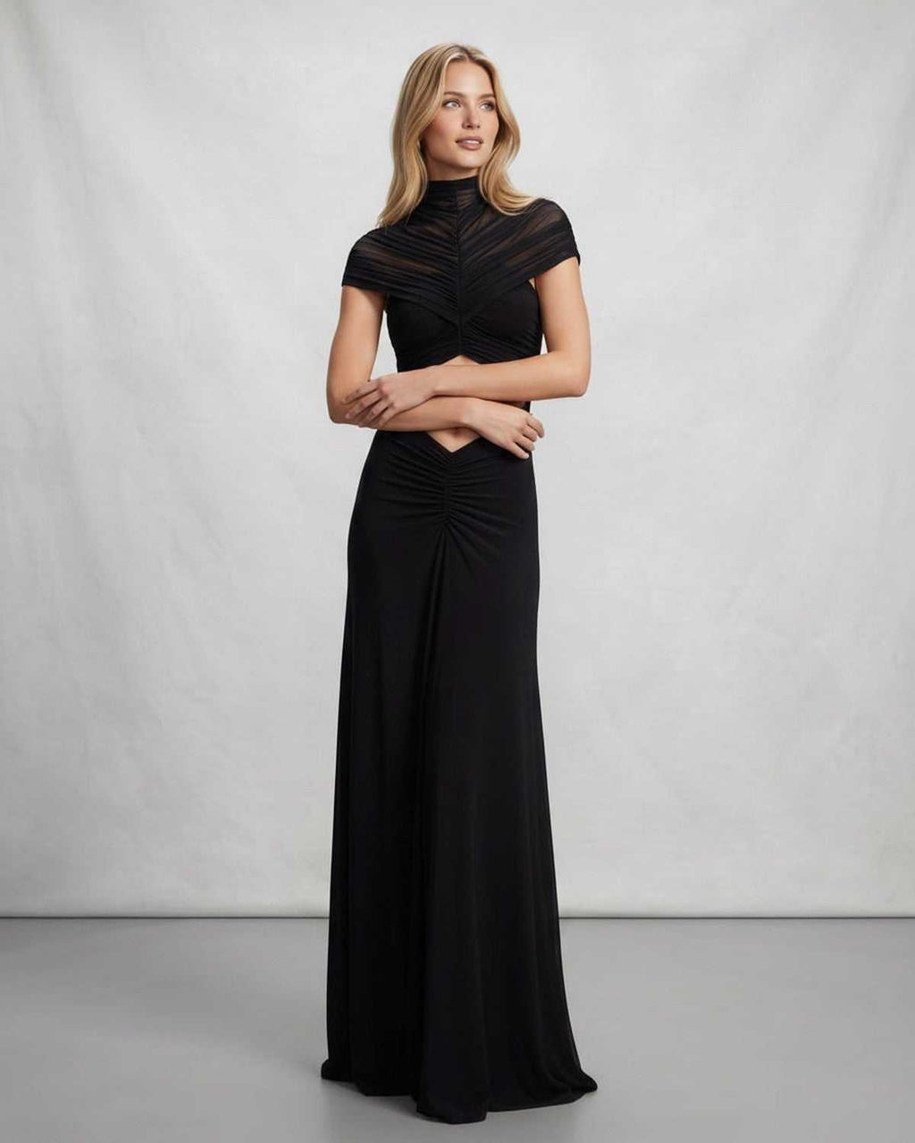 Veloura Maxi Dress by Lauven — polyester short sleeve stand collar flared hem maxi dress