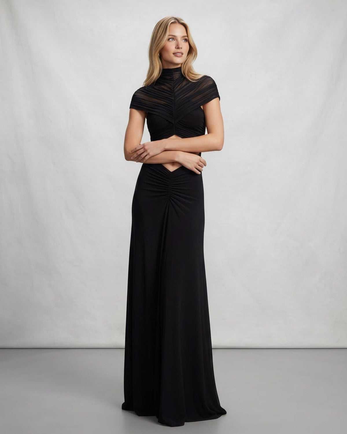 Veloura Maxi Dress by Lauven — polyester short sleeve stand collar flared hem maxi dress