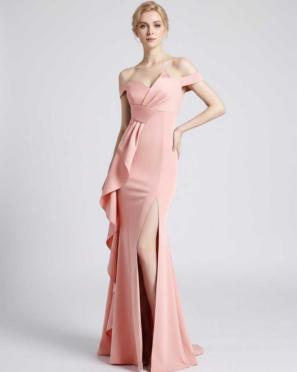 Veloura Maxi Dress by Lauven — polyester spandex off-the-shoulder mermaid maxi dress with slit