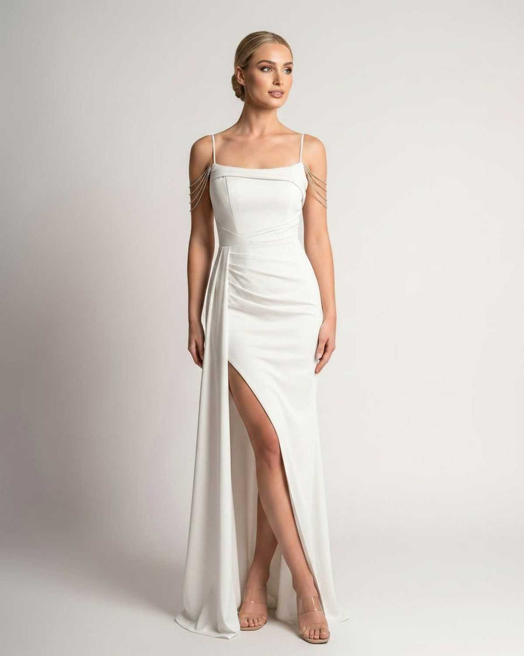 Celestia Maxi Dress by Lauven — polyester spaghetti strap mermaid maxi dress with beading and split