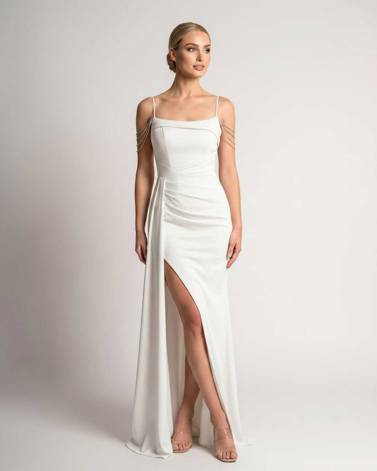 Celestia Maxi Dress by Lauven — polyester spaghetti strap mermaid maxi dress with beading and split