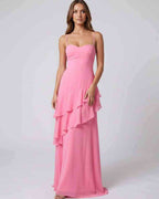 Rosette Maxi Dress by Lauven — polyester V-neck sleeveless bodycon maxi dress with layered ruffles