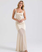 Lunelle Maxi Dress by Lauven — polyester square neck sleeveless slip maxi dress with satin chiffon detail