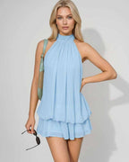 Lunelle Mini Dress by Lauven — polyester sleeveless tie neck loose fit mini dress
