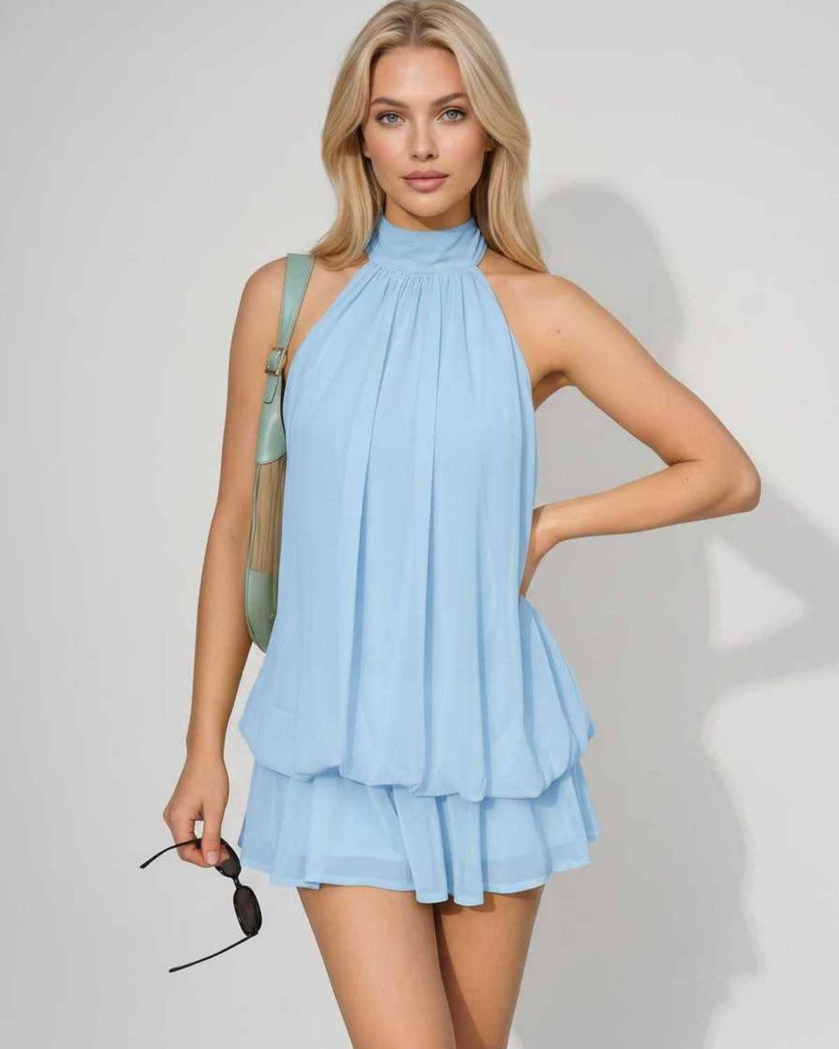 Lunelle Mini Dress by Lauven — polyester sleeveless tie neck loose fit mini dress