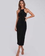 Sable Midi Dress by Lauven — suede-touch polyester blend sleeveless crew neck slim midi dress