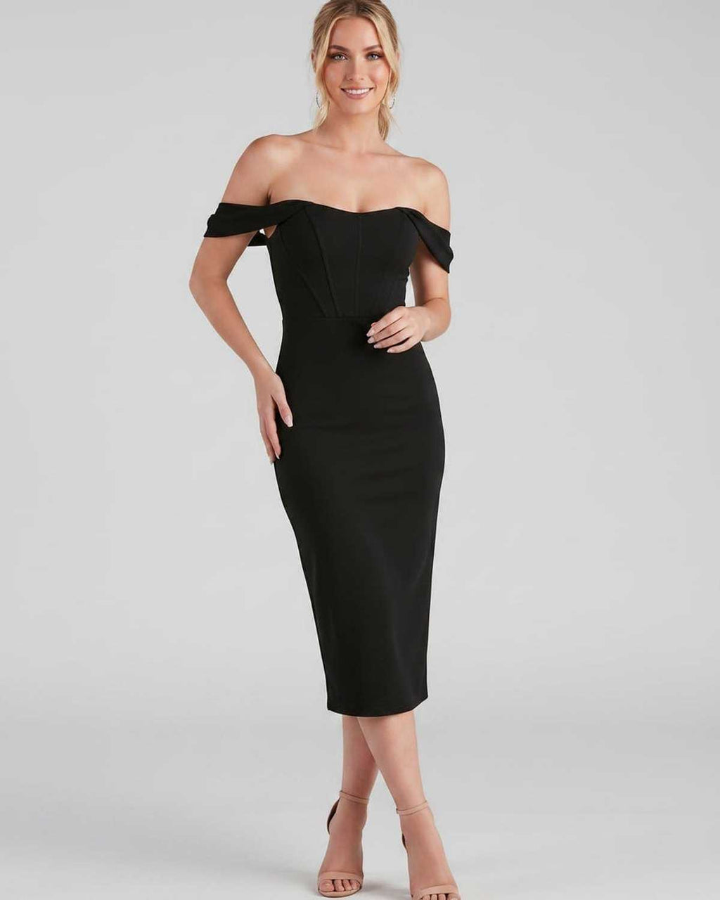 Celeste Midi Dress by Lauven — crepe-lined off-shoulder corset fitted midi dress