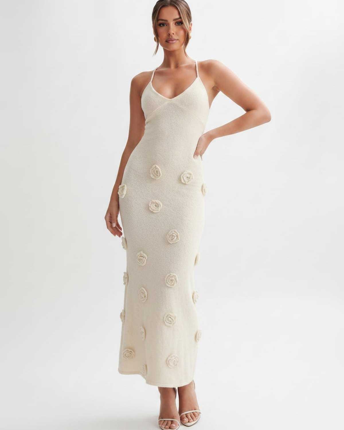 Rosette Maxi Dress by Lauven — textured polyester knit sleeveless V-neck floral maxi dress