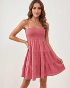 Solara Mini Dress by Lauven — textured sleeveless square neck tiered swing mini dress