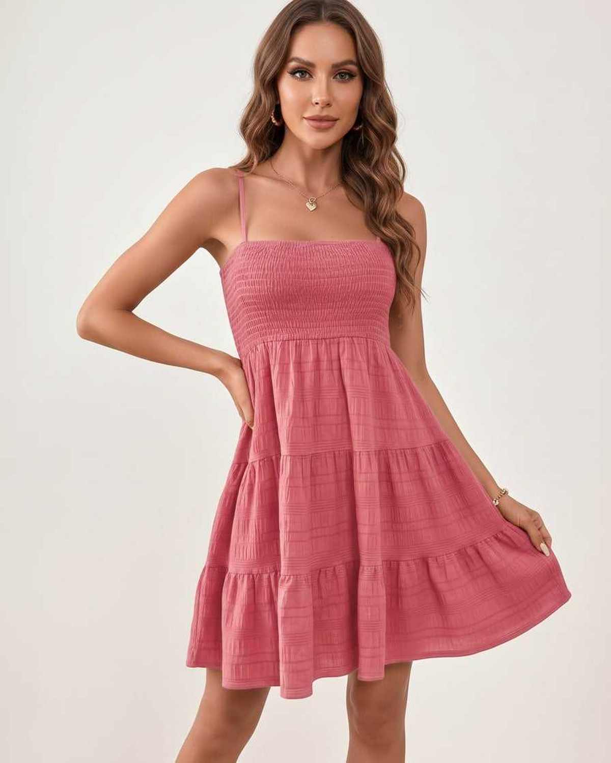 Solara Mini Dress by Lauven — textured sleeveless square neck tiered swing mini dress
