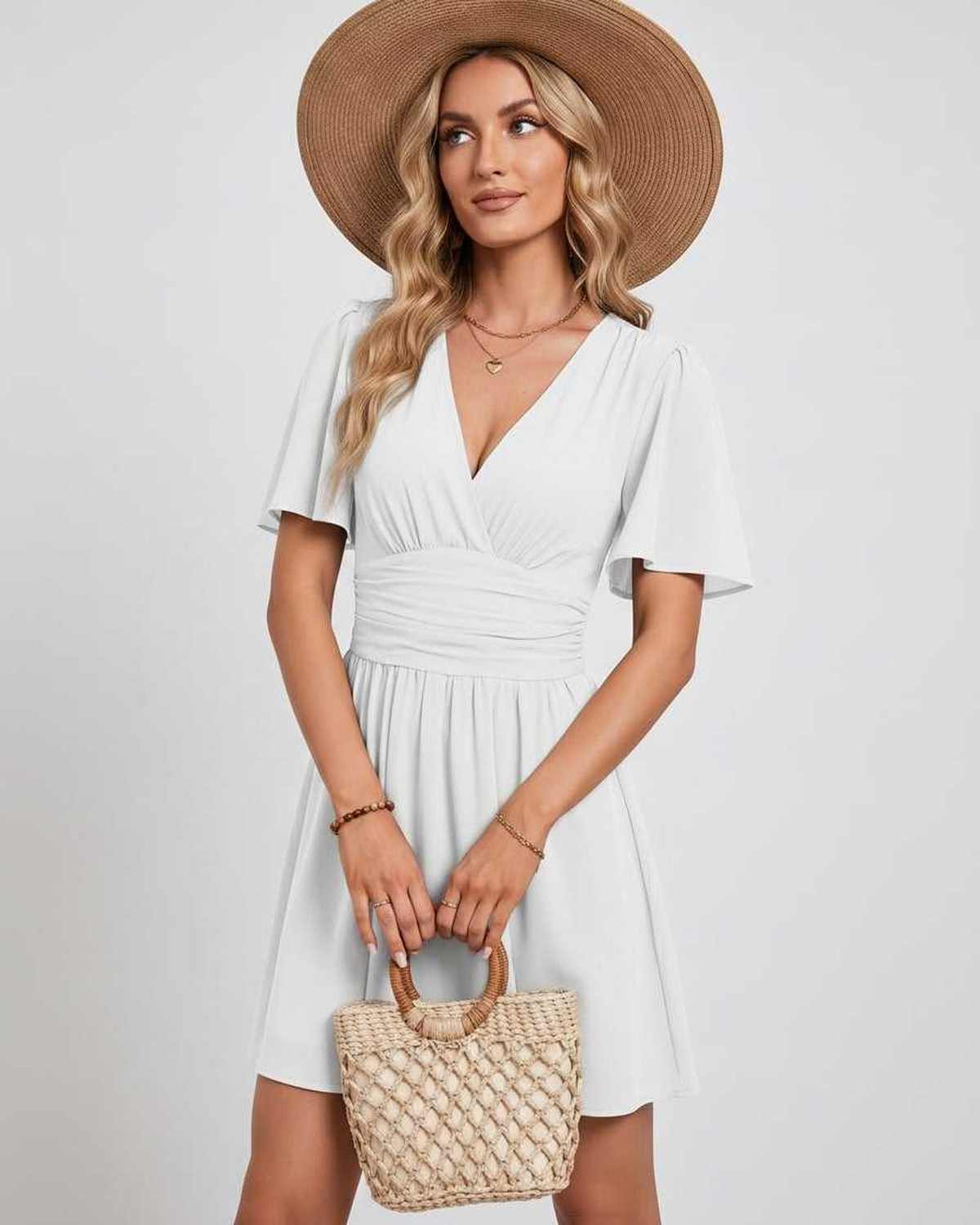 Calista Mini Dress by Lauven — chiffon ruffled short sleeve V-neck A-line mini dress