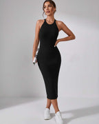 Lunara Midi Dress by Lauven — ribbed knit sleeveless crew neck slim-fit midi dress