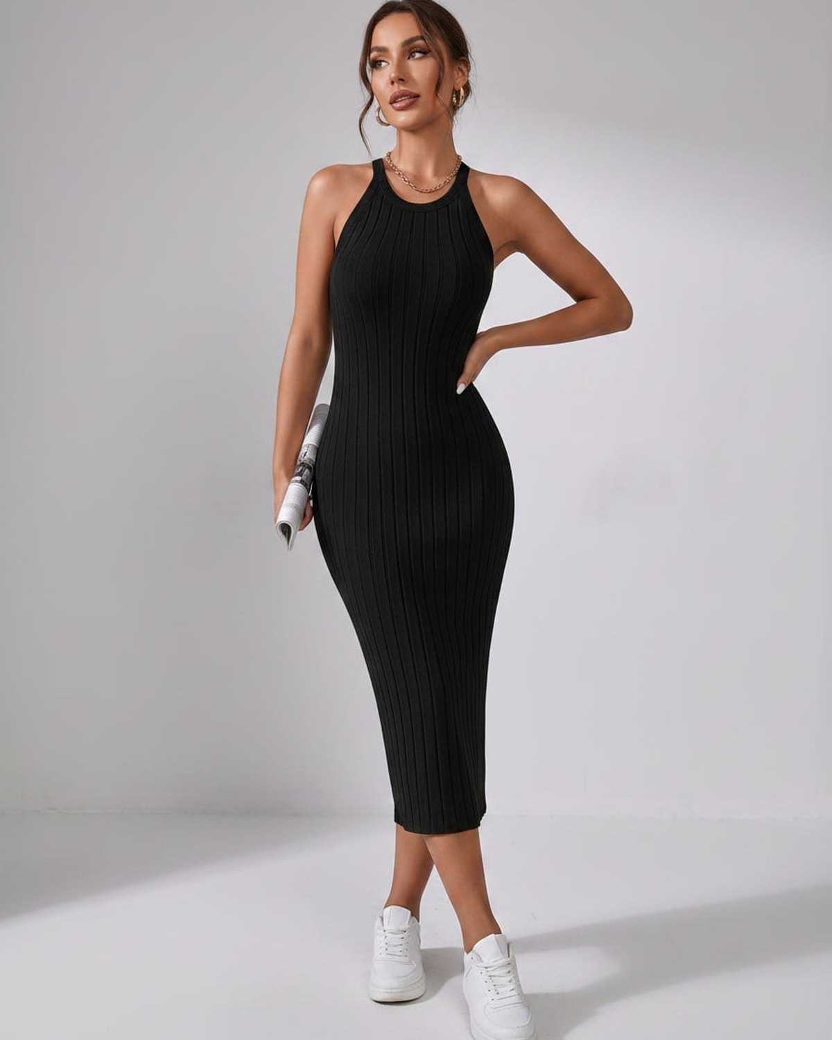 Lunara Midi Dress by Lauven — ribbed knit sleeveless crew neck slim-fit midi dress