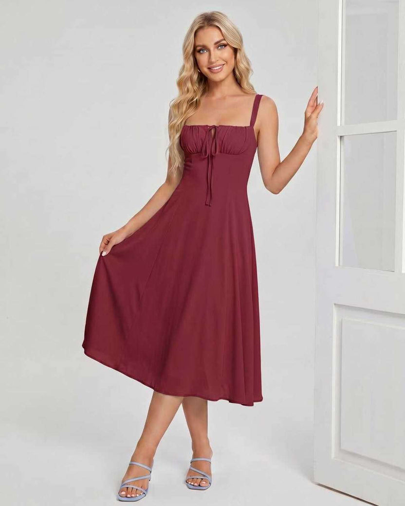 Serelune Midi Dress by Lauven — burgundy lightweight sleeveless square neck A-line midi dress