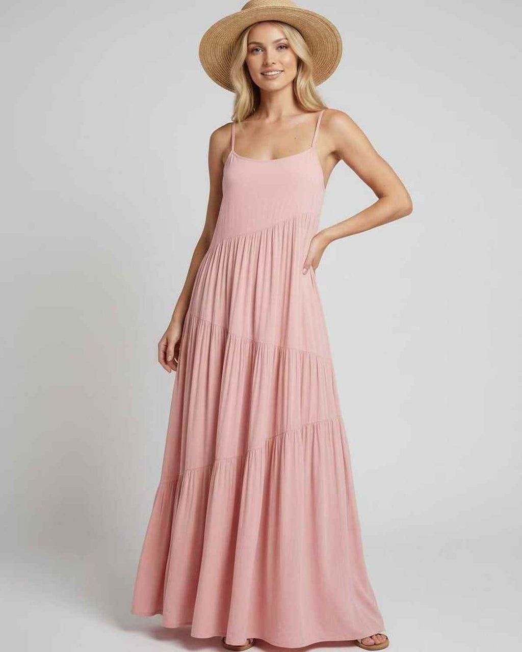 Solenne Maxi Dress by Lauven — rayon blend sleeveless scoop neck tiered A-line maxi dress