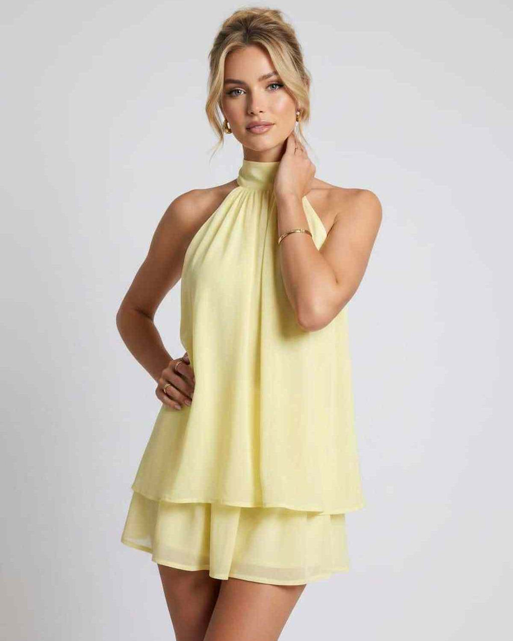 Celestia Mini Dress by Lauven — chiffon sleeveless halter neck mini dress