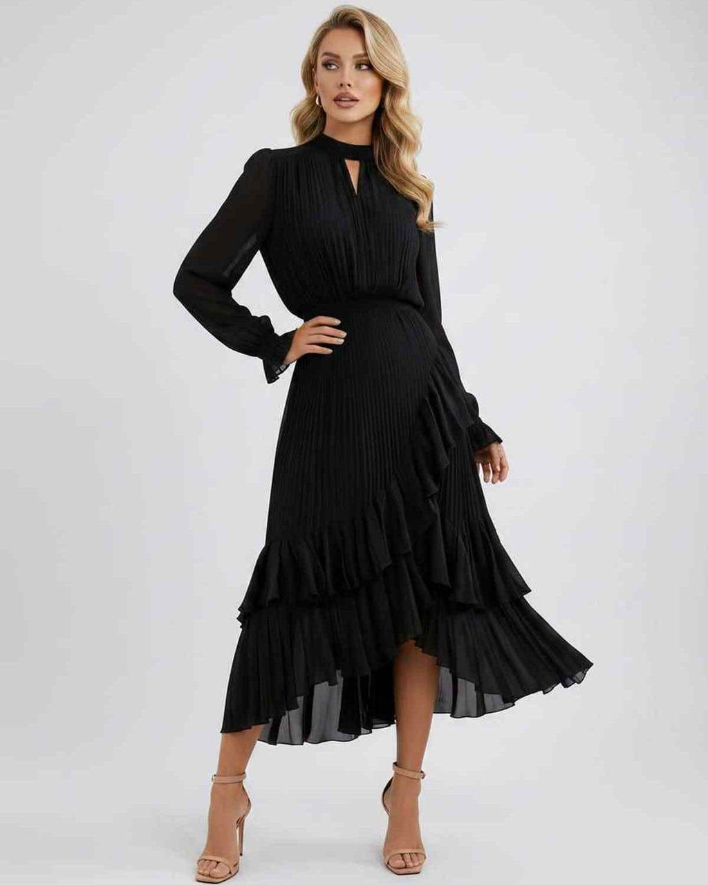 Celestia Maxi Dress by Lauven — chiffon long sleeve high neck A-line maxi dress