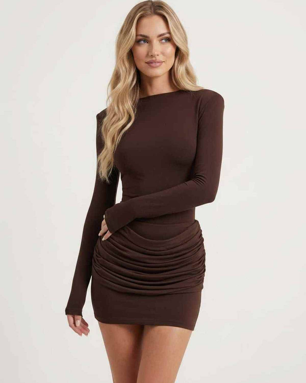 Selene Mini Dress by Lauven — stretch knit long sleeve boat neck bodycon mini dress
