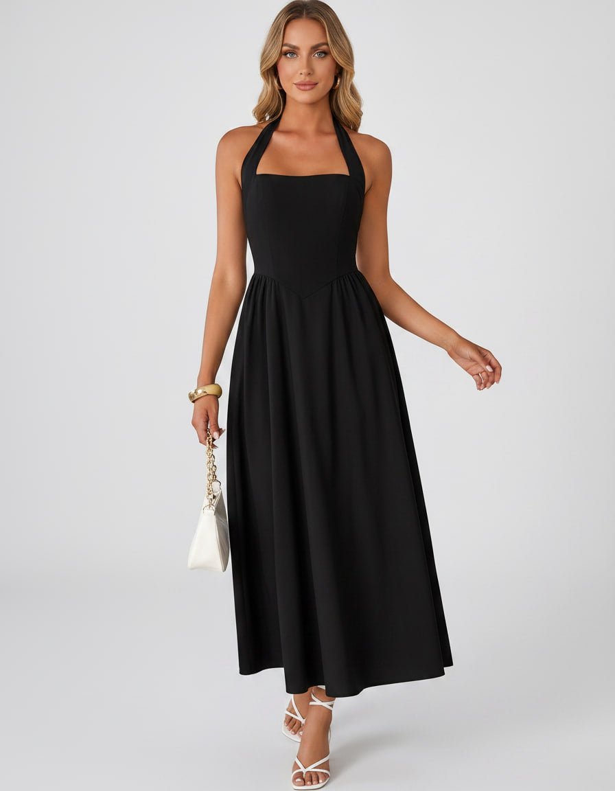 Veloura Midi Dress by Lauven — satin blend sleeveless square neck A-line midi dress