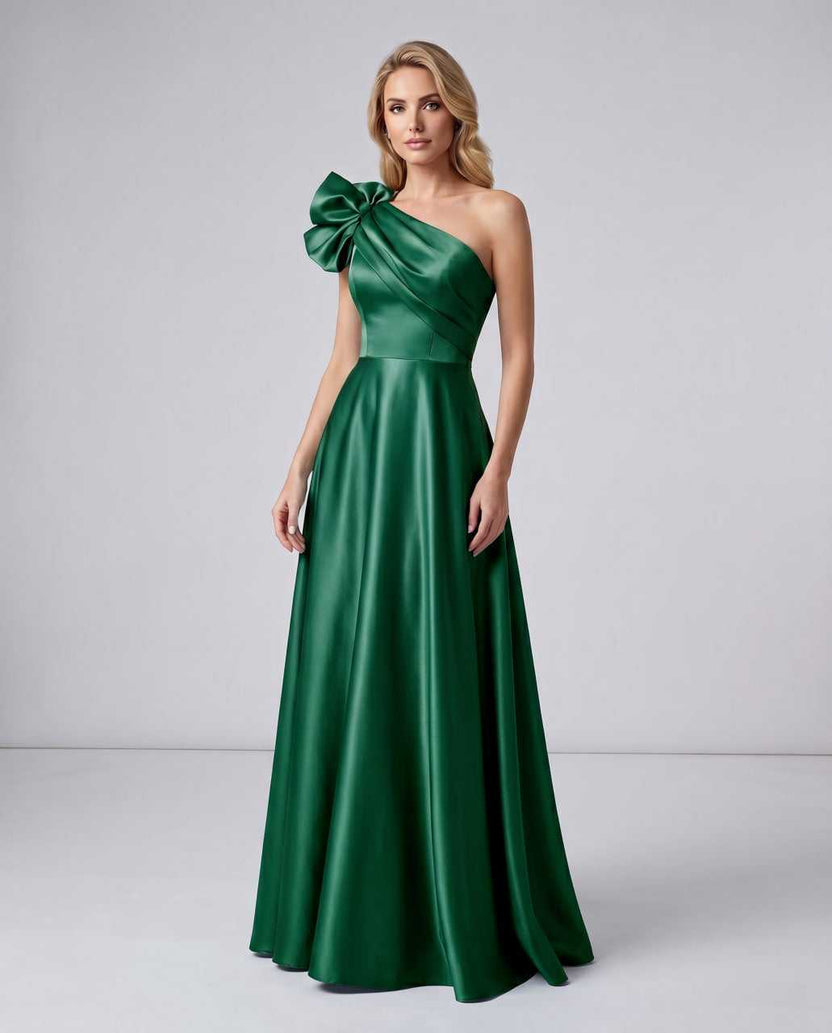 Aurevina Maxi Dress by Lauven — green satin one shoulder A-line maxi dress with ruffle detail