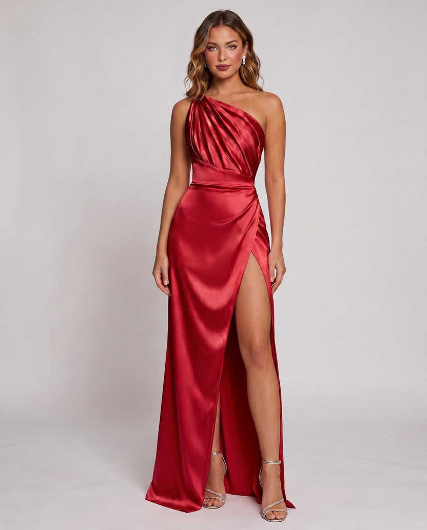 Veloura Maxi Dress by Lauven — red satin one-shoulder mermaid maxi dress with slit