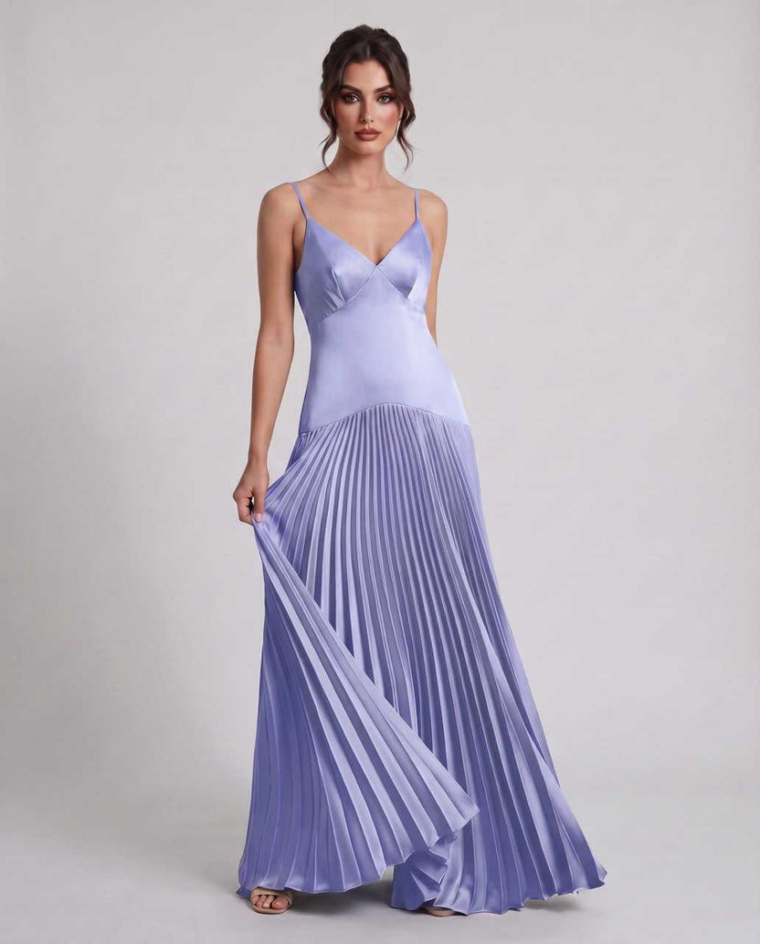 Veloura Maxi Dress by Lauven — sky blue satin spaghetti strap V-neck A-line maxi dress