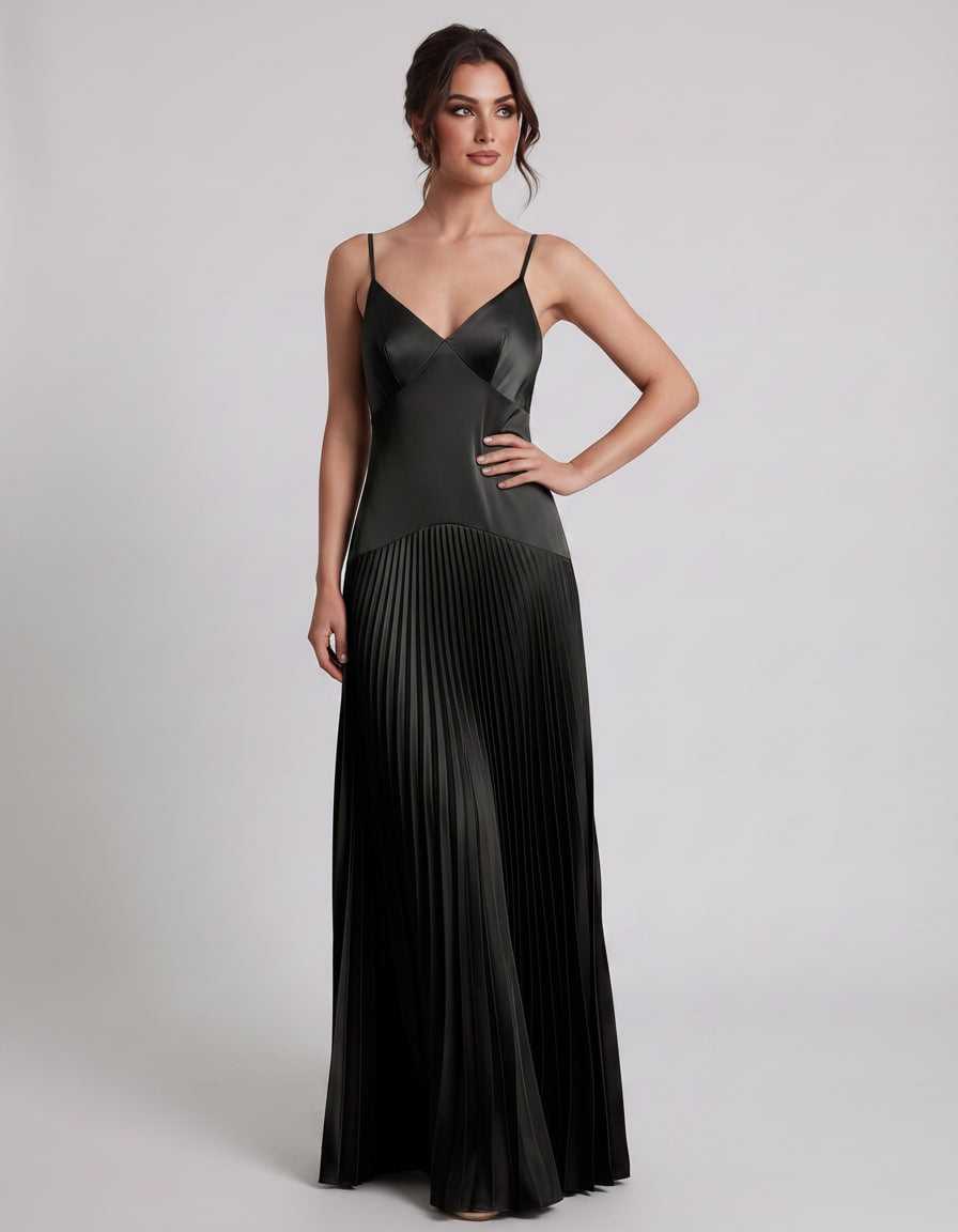 Veloura Maxi Dress by Lauven — satin spaghetti strap V-neck A-line maxi dress