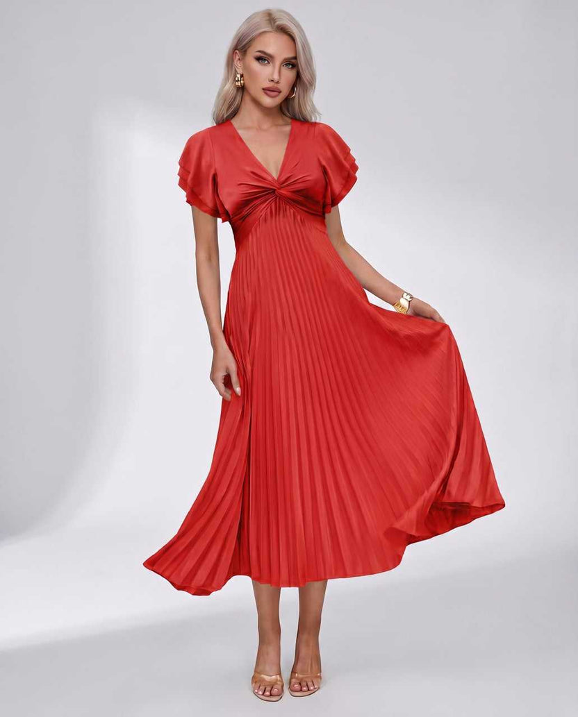 Veloura Midi Dress by Lauven — red pleated chiffon flutter sleeve V-neck A-line midi dress