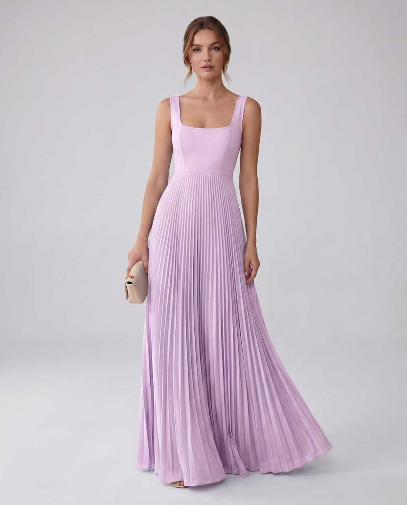 Veloura Maxi Dress by Lauven — lilac satin chiffon sleeveless square neck pleated A-line maxi dress