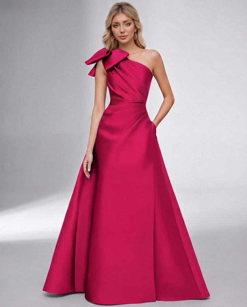 Celestia Maxi Dress by Lauven — hot pink satin one shoulder A-line maxi dress with bow
