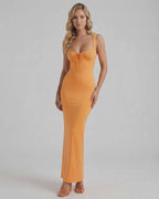 Soleil Maxi Dress in vibrant orange, featuring slim fit, lace trim, V-neck, spaghetti straps by Lauven.