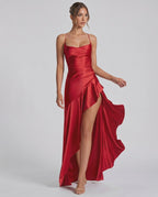 Veloura Maxi Dress by Lauven — satin spaghetti strap cowl neck bodycon maxi dress