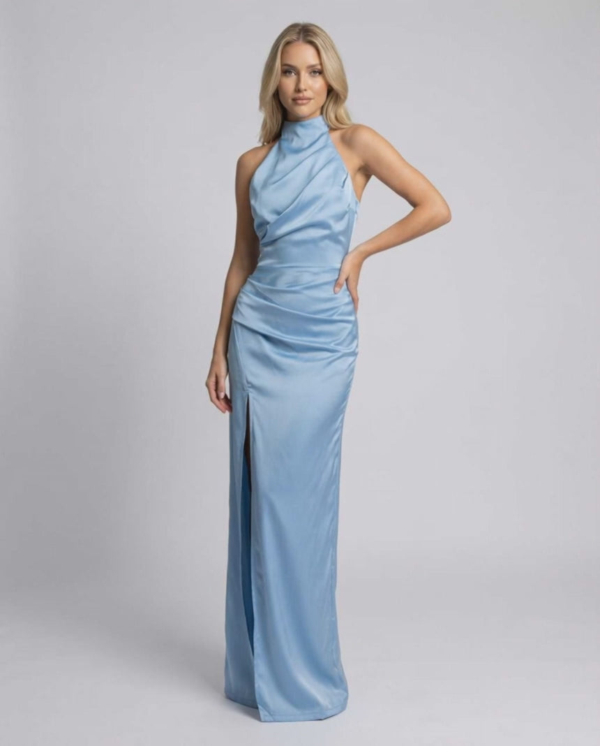 Celeste Maxi Dress featuring blue satin fabric, halter neck, high slit, by Lauven, embodying elegance and style.