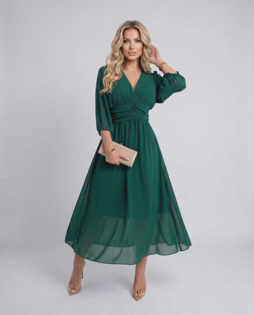 Veloura Midi Dress by Lauven — lightweight chiffon three quarter sleeve v neck A-line midi dress