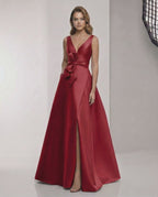 Valeria Maxi Dress – Red satin A-Line dress with V-neck, bow detail, and elegant silhouette by Lauven.