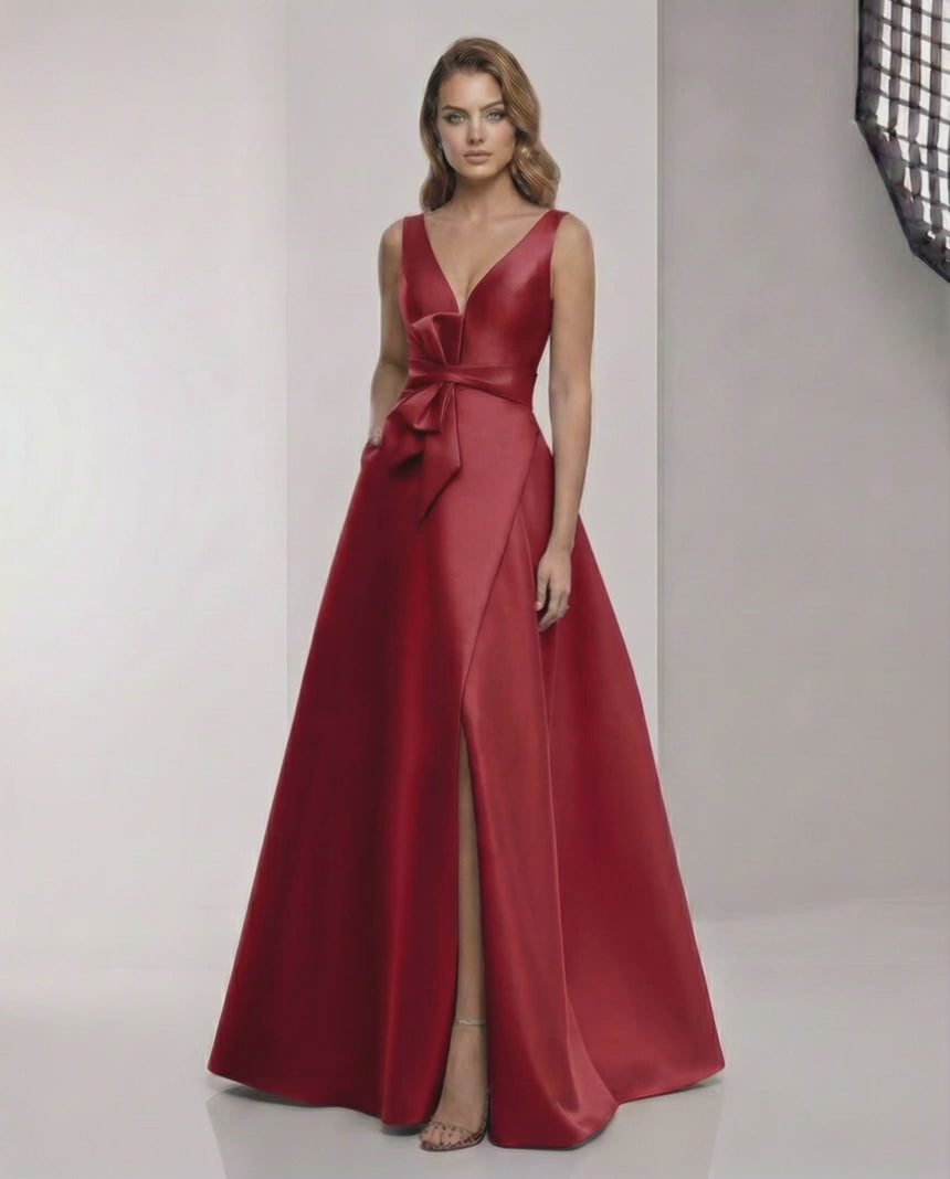 Valeria Maxi Dress – Red satin A-Line dress with V-neck, bow detail, and elegant silhouette by Lauven.