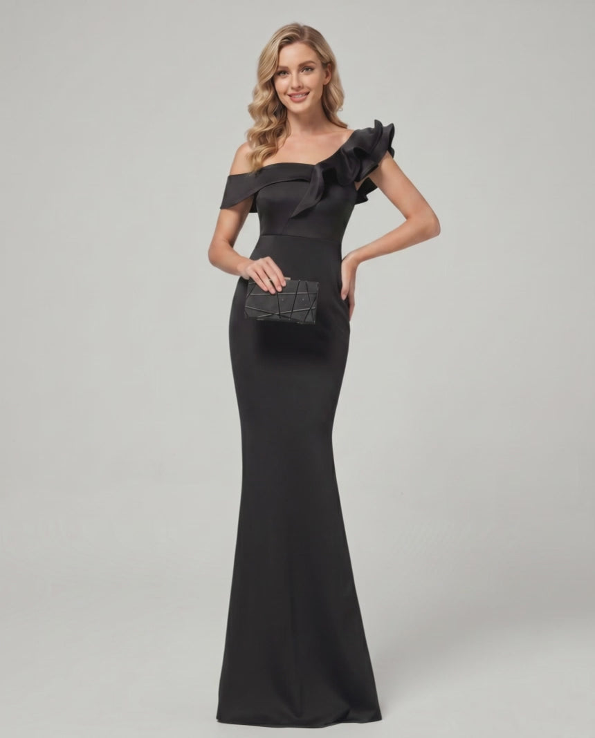 Velmora Maxi Dress featuring off-shoulder neckline, mermaid silhouette, ruffle detail by Lauven.