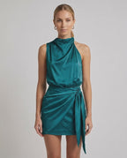 Verona Mini Dress by Lauven – Emerald satin dress with draped high neck and wrap tie detail, perfect for chic outings.