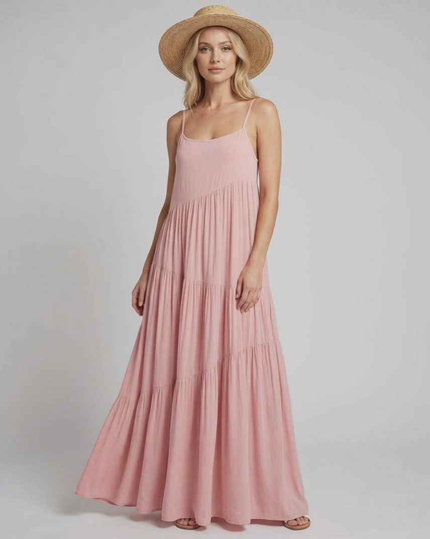 Solenne Maxi Dress by Lauven — rayon blend sleeveless scoop neck tiered A-line maxi dress
