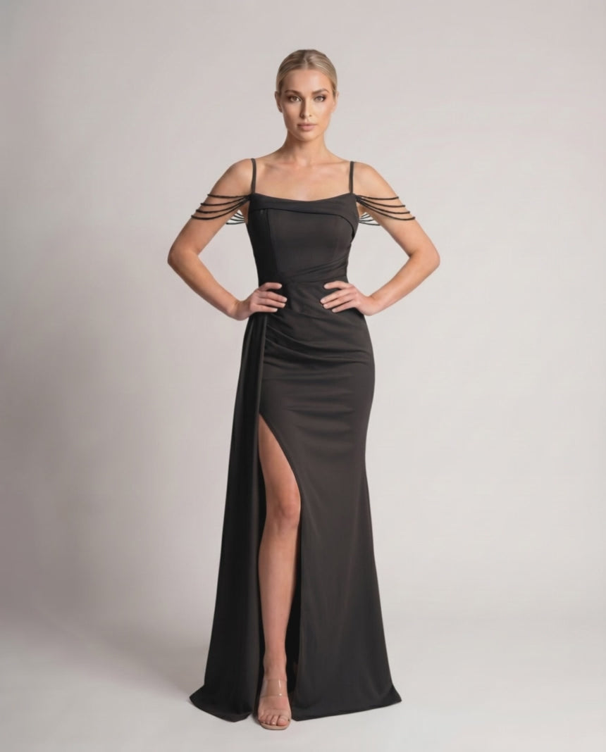 Celestia Maxi Dress by Lauven — polyester spaghetti strap mermaid maxi dress with beading and split