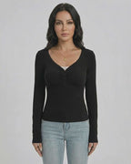 Monaco Pullover by Lauven, Women's Slim Fit V-Neck Long Sleeve Pullover with Button Detail, Black Sweater