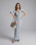 Lauven Sienna Maxi Dress – Light Blue Lace Dress with V-Neck & Ruffle Sleeves, perfect for elegant occasions.