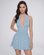 Veloura Mini Dress by Lauven — polyester sleeveless halter V-neck fit and flare mini dress