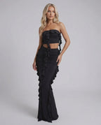 Luna Maxi Dress by Lauven, elegant black sheath with ruffle detail, sleeveless and ankle-length, perfect for special occasions.