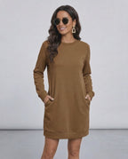 Sienna Mini Dress by Lauven, a casual brown sweatshirt dress with pockets and relaxed fit.